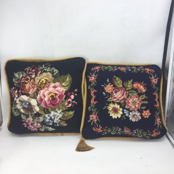 Unbranded Other - Needlepoint pillow covers & Down Inserts Black Pink Gold Floral Wool Handmade